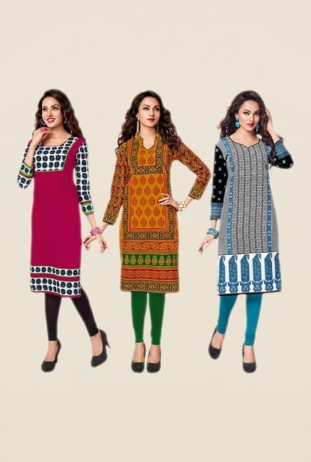 Salwar Studio Pink,Brown,Blue Unstitched Kurta(Pk Of 3) Salwar Studio Pink,Brown,Blue Unstitched Kurta(Pk Of 3)