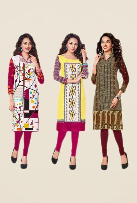 Salwar Studio Pink,Yellow,Brown Unstitched Kurta (Pk Of 3) Salwar Studio Pink,Yellow,Brown Unstitched Kurta (Pk Of 3)