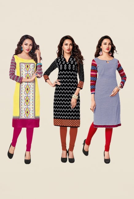 Salwar Studio Yellow,Black,Navy Unstitched Kurta (Pk Of 3) Salwar Studio Yellow,Black,Navy Unstitched Kurta (Pk Of 3)