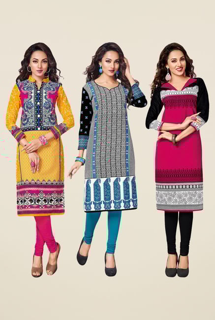 Salwar Studio Yellow,Black,Pink Unstitched Kurta (Pk Of 3) Salwar Studio Yellow,Black,Pink Unstitched Kurta (Pk Of 3)