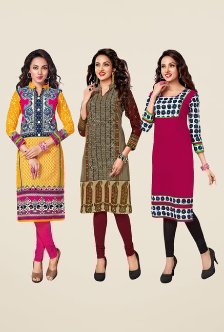 Salwar Studio Yellow,Beige,Pink Unstitched Kurta (Pk Of 3) Salwar Studio Yellow,Beige,Pink Unstitched Kurta (Pk Of 3)