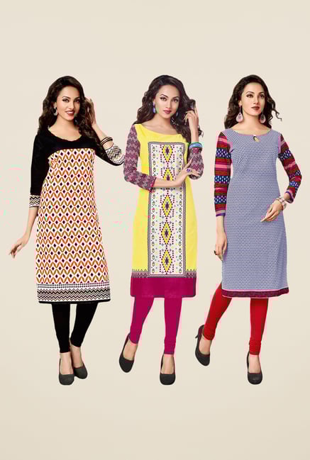 Salwar Studio Orange,Yellow,Navy Unstitched Kurta (Pk Of 3) Salwar Studio Orange,Yellow,Navy Unstitched Kurta (Pk Of 3)