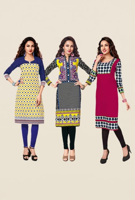 Salwar Studio Yellow,Black,Pink Unstitched Kurta (Pk Of 3) Salwar Studio Yellow,Black,Pink Unstitched Kurta (Pk Of 3)