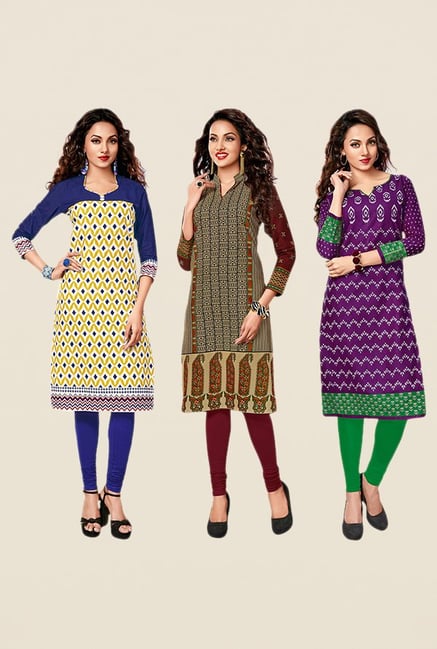 Salwar Studio Yellow,Beige,Purple Unstitched Kurta (Pk Of 3) Salwar Studio Yellow,Beige,Purple Unstitched Kurta (Pk Of 3)