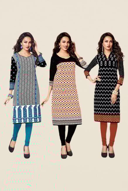 Salwar Studio Blue,Orange,Black Unstitched Kurta (Pk Of 3) Salwar Studio Blue,Orange,Black Unstitched Kurta (Pk Of 3)