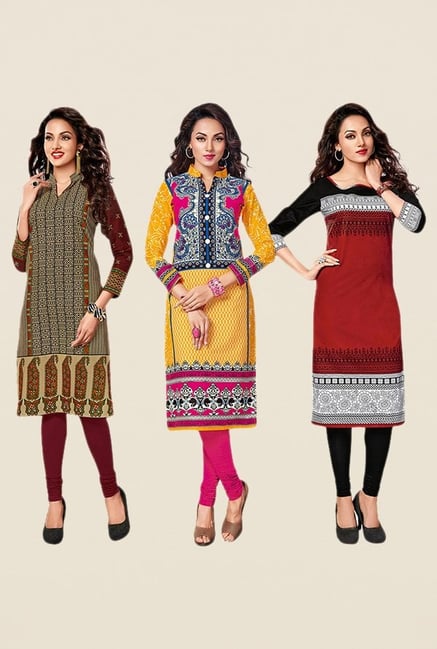 Salwar Studio Beige,Yellow,Maroon Unstitched Kurta (Pk Of 3) Salwar Studio Beige,Yellow,Maroon Unstitched Kurta (Pk Of 3)