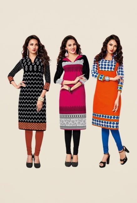 Salwar Studio Black,Pink,Orange Unstitched Kurta (Pk Of 3) Salwar Studio Black,Pink,Orange Unstitched Kurta (Pk Of 3)
