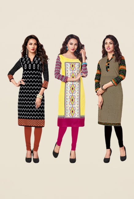 Salwar Studio Black,Yellow,Beige Unstitched Kurta (Pk Of 3) Salwar Studio Black,Yellow,Beige Unstitched Kurta (Pk Of 3)