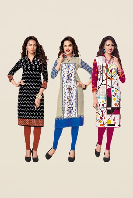 Salwar Studio Black,Beige,Pink Unstitched Kurta (Pk Of 3) Salwar Studio Black,Beige,Pink Unstitched Kurta (Pk Of 3)