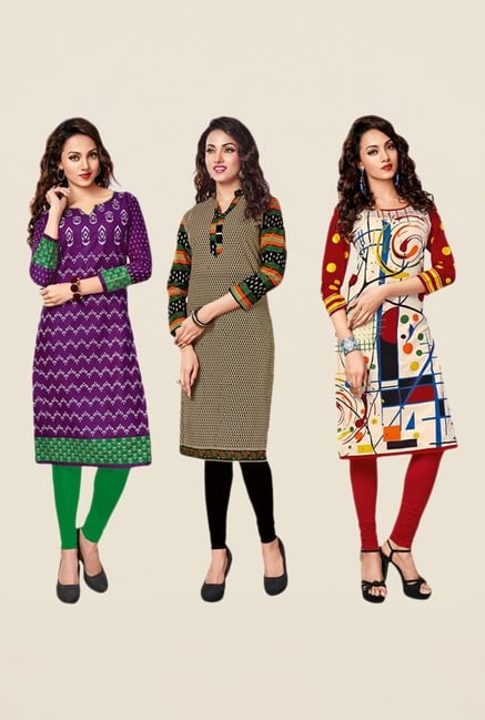 Salwar Studio Purple,Beige,Red Unstitched Kurta (Pk Of 3) Salwar Studio Purple,Beige,Red Unstitched Kurta (Pk Of 3)