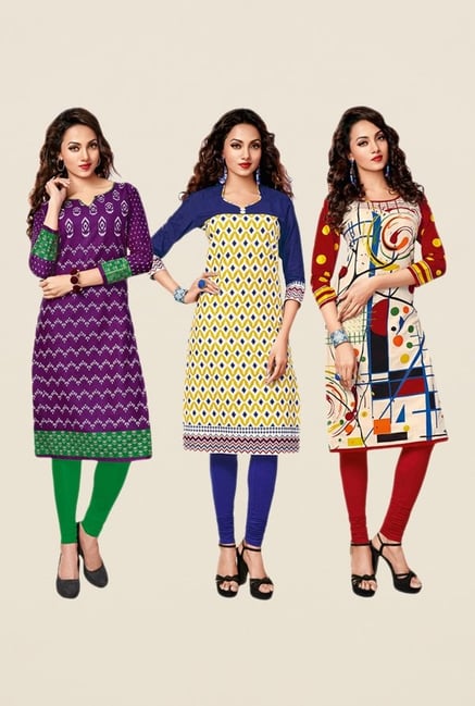 Salwar Studio Purple,Yellow,Red Unstitched Kurta (Pk Of 3) Salwar Studio Purple,Yellow,Red Unstitched Kurta (Pk Of 3)