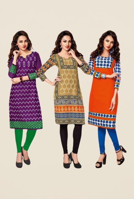 Salwar Studio Purple,Beige,Orange Unstitched Kurta (Pk Of 3) Salwar Studio Purple,Beige,Orange Unstitched Kurta (Pk Of 3)