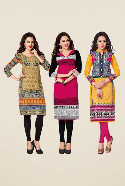 Salwar Studio Beige,Pink,Yellow Unstitched Kurta (Pk Of 3) Salwar Studio Beige,Pink,Yellow Unstitched Kurta (Pk Of 3)