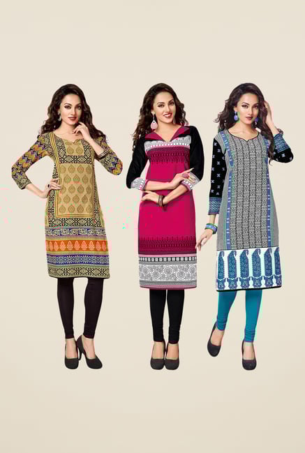 Salwar Studio Beige,Pink,Blue Unstitched Kurta (Pk Of 3) Salwar Studio Beige,Pink,Blue Unstitched Kurta (Pk Of 3)