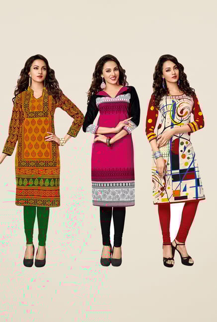 Salwar Studio Yellow,Pink,Red Unstitched Kurta (Pk Of 3) Salwar Studio Yellow,Pink,Red Unstitched Kurta (Pk Of 3)