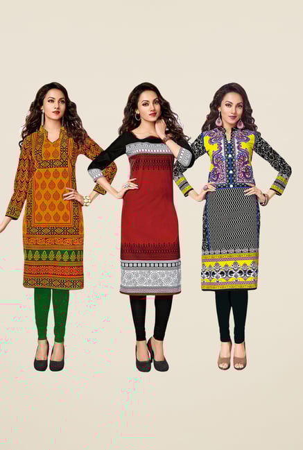 Salwar Studio Yellow,Maroon,Black Unstitched Kurta (Pk Of 3) Salwar Studio Yellow,Maroon,Black Unstitched Kurta (Pk Of 3)
