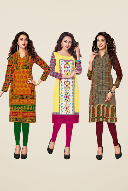 Salwar Studio Orange,Yellow,Beige Unstitched Kurta (Pk Of 3) Salwar Studio Orange,Yellow,Beige Unstitched Kurta (Pk Of 3)