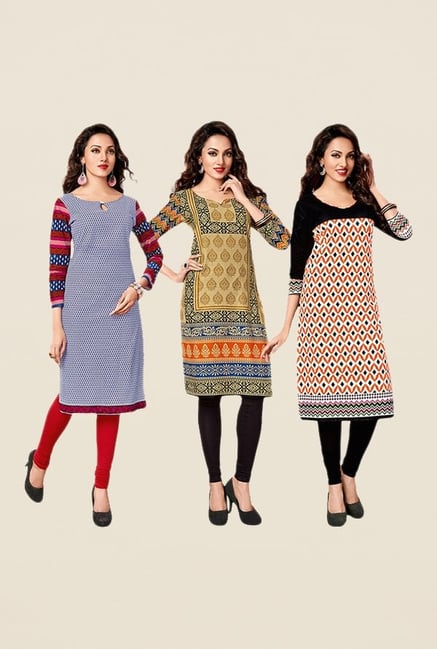 Salwar Studio Navy,Beige,Orange Unstitched Kurta (Pk Of 3) Salwar Studio Navy,Beige,Orange Unstitched Kurta (Pk Of 3)