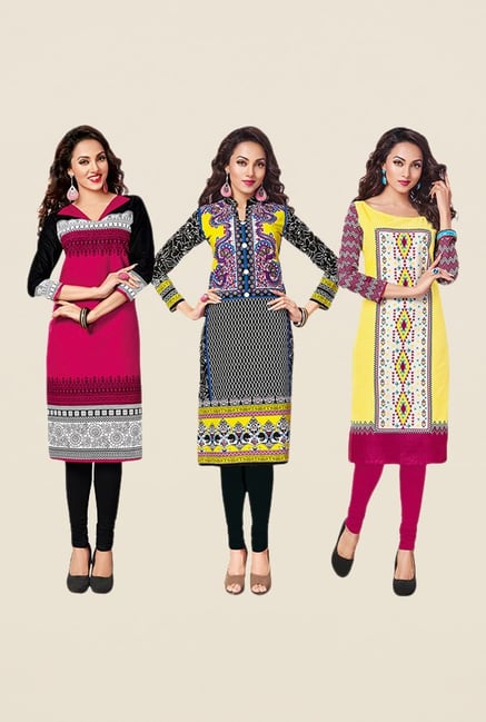Salwar Studio Pink,Black,Yellow Unstitched Kurta (Pk Of 3) Salwar Studio Pink,Black,Yellow Unstitched Kurta (Pk Of 3)