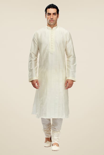 Manyavar Cream Striped Kurta & Chudidar Set Manyavar Cream Striped Kurta & Chudidar Set