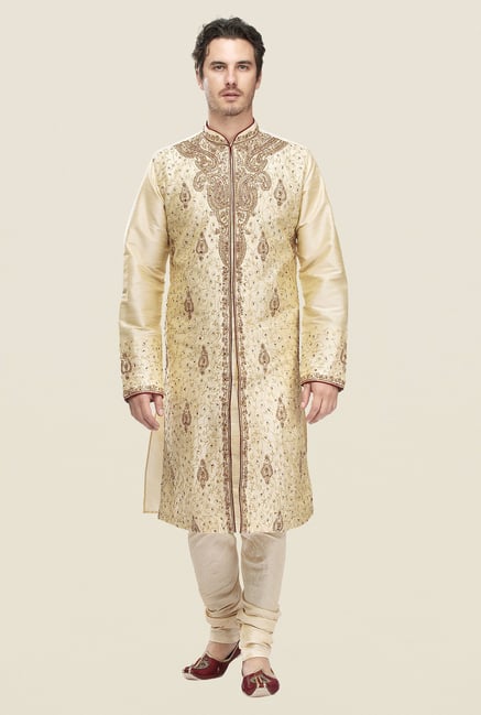 Manyavar Beige Embroidered Kurta & Chudidar Set Manyavar Beige Embroidered Kurta & Chudidar Set