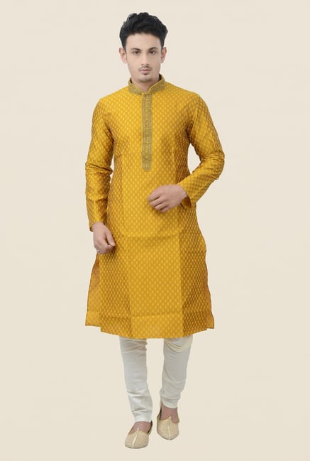 Manyavar Mustard Self Print Kurta & Chudidar Set Manyavar Mustard Self Print Kurta & Chudidar Set