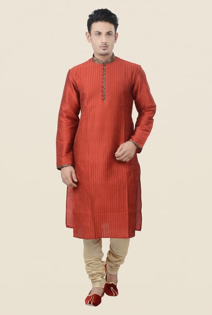 Manyavar Rust Striped Kurta & Chudidar Set Manyavar Rust Striped Kurta & Chudidar Set