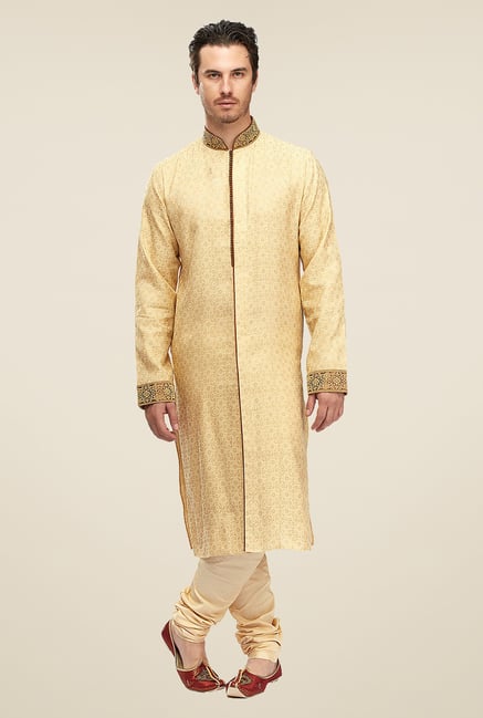 Manyavar Beige Self Print Kurta & Chudidar Set Manyavar Beige Self Print Kurta & Chudidar Set