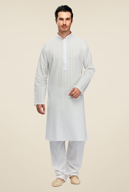 Manyavar White Striped Kurta & Pyjama Set Manyavar White Striped Kurta & Pyjama Set