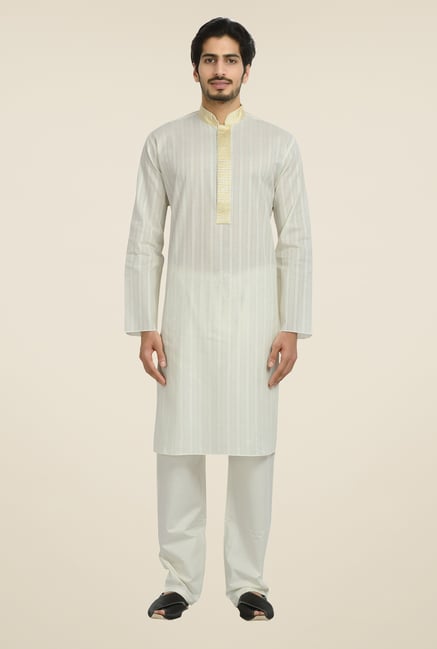 Manyavar Off White Striped Kurta & Pyjama Set Manyavar Off White Striped Kurta & Pyjama Set