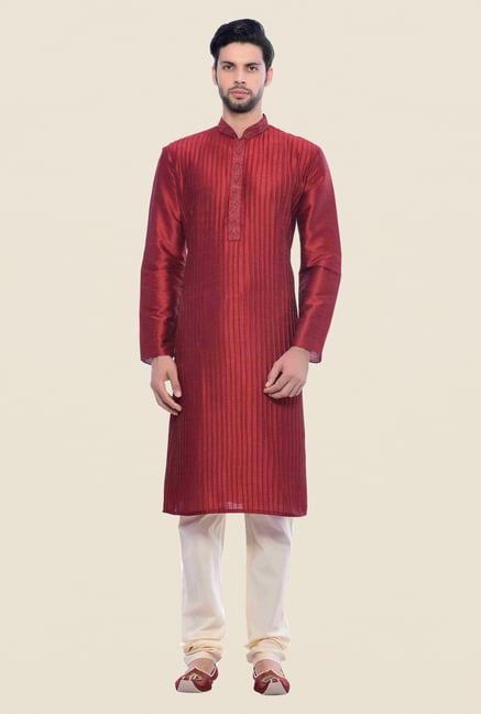 Manyavar Maroon Striped Kurta & Chudidar Set Manyavar Maroon Striped Kurta & Chudidar Set