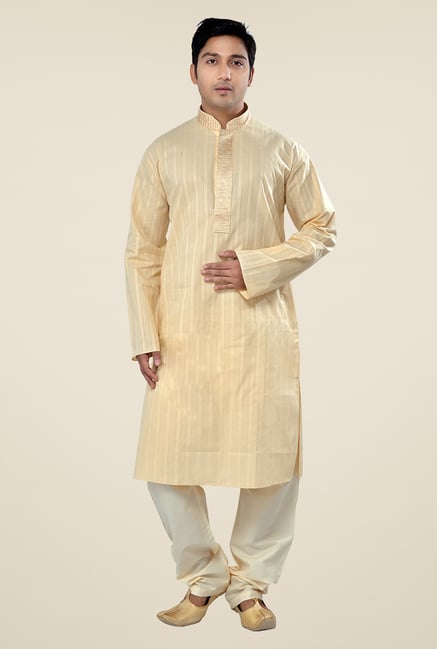 Manyavar Beige Striped Kurta & Pyjama Set Manyavar Beige Striped Kurta & Pyjama Set