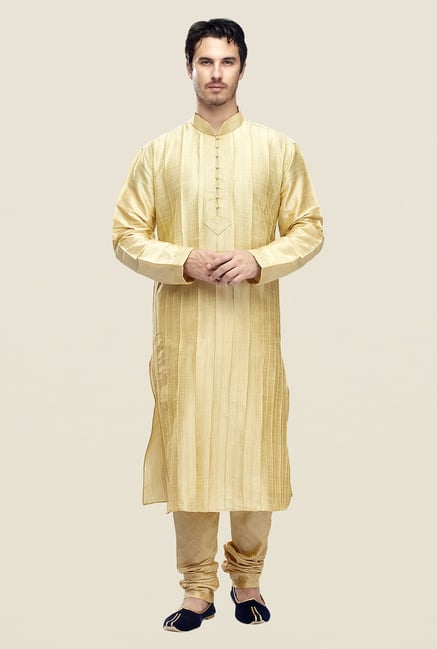 Manyavar Beige Striped Kurta & Chudidar Set Manyavar Beige Striped Kurta & Chudidar Set