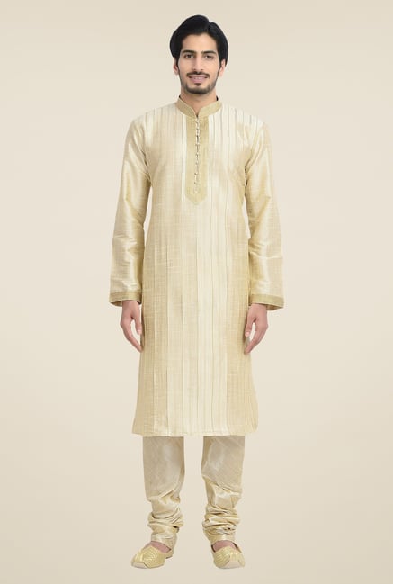 Manyavar Beige Striped Kurta & Chudidar Set Manyavar Beige Striped Kurta & Chudidar Set