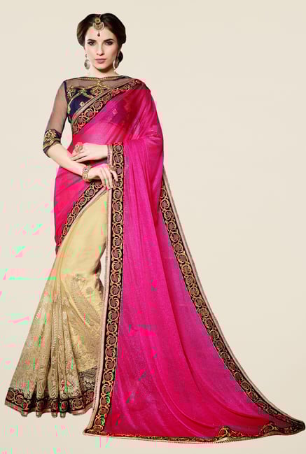 Triveni Cream & Pink Embroidered Shimmer Lycra Net Saree Triveni Cream & Pink Embroidered Shimmer Lycra Net Saree