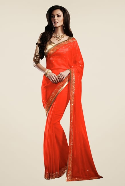 Triveni Orange Solid Faux Georgette Saree Triveni Orange Solid Faux Georgette Saree