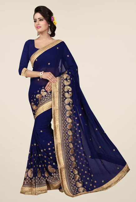 Triveni Navy Embroidered Faux Georgette Dry Clean Saree Triveni Navy Embroidered Faux Georgette Dry Clean Saree