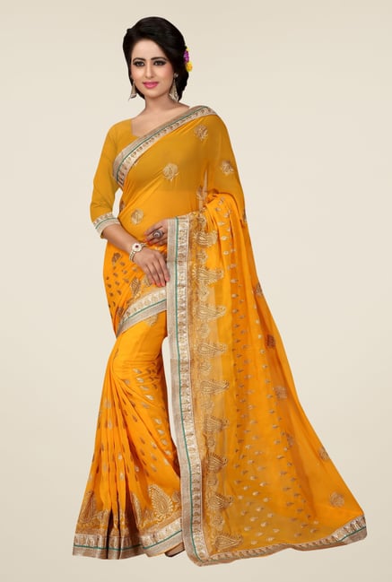 Triveni Yellow Embroidered Faux Georgette Saree Triveni Yellow Embroidered Faux Georgette Saree