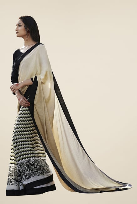Triveni Beige Printed Satin Jacquard Faux Georgette Saree Triveni Beige Printed Satin Jacquard Faux Georgette Saree