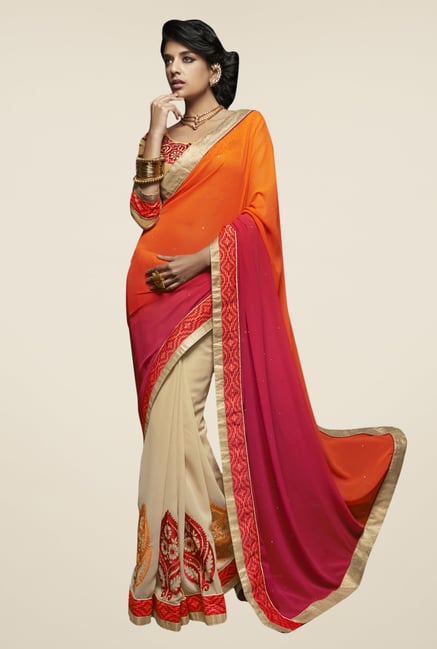 Triveni Cream & Orange Embroidered Faux Georgette Saree Triveni Cream & Orange Embroidered Faux Georgette Saree