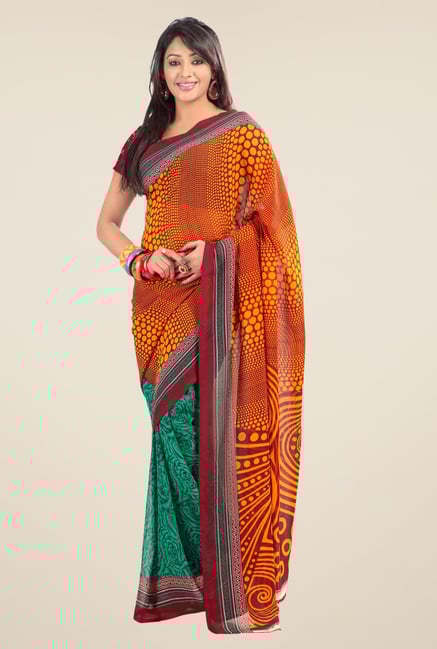 Triveni Green & Mustard Printed Faux Georgette Saree Triveni Green & Mustard Printed Faux Georgette Saree