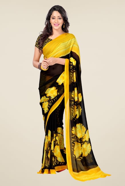 Triveni Black & Yellow Floral Print Faux Georgette Saree Triveni Black & Yellow Floral Print Faux Georgette Saree
