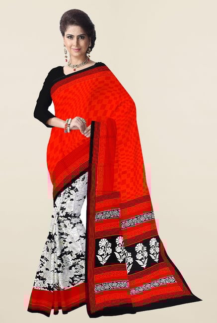 Triveni Off White & Orange Printed Crape Dry Clean Saree Triveni Off White & Orange Printed Crape Dry Clean Saree