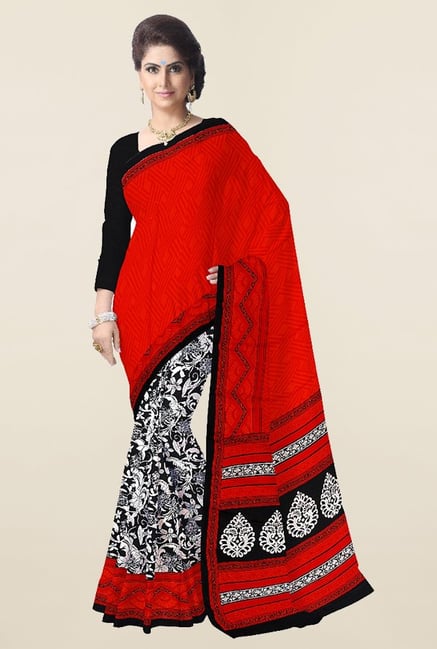 Triveni Off White & Orange Printed Crape Saree Triveni Off White & Orange Printed Crape Saree