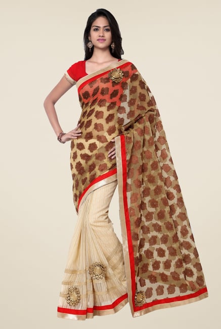 Triveni Beige Printed Supernet Jute Silk Jacqurad Saree Triveni Beige Printed Supernet Jute Silk Jacqurad Saree