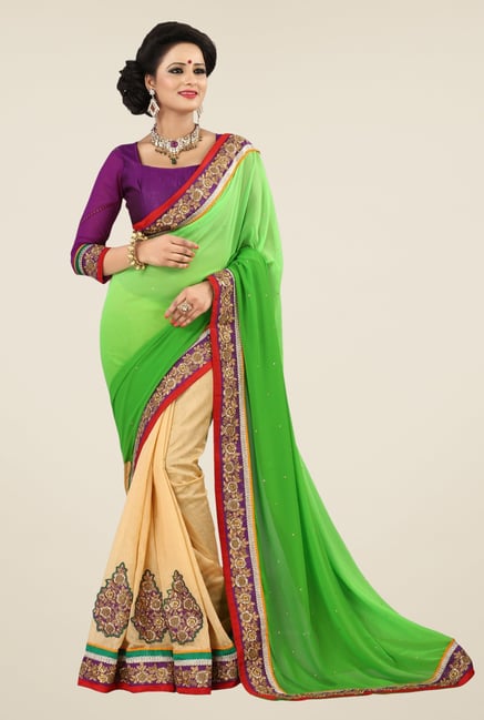 Triveni Beige & Green Embroidered Faux Georgette Saree Triveni Beige & Green Embroidered Faux Georgette Saree