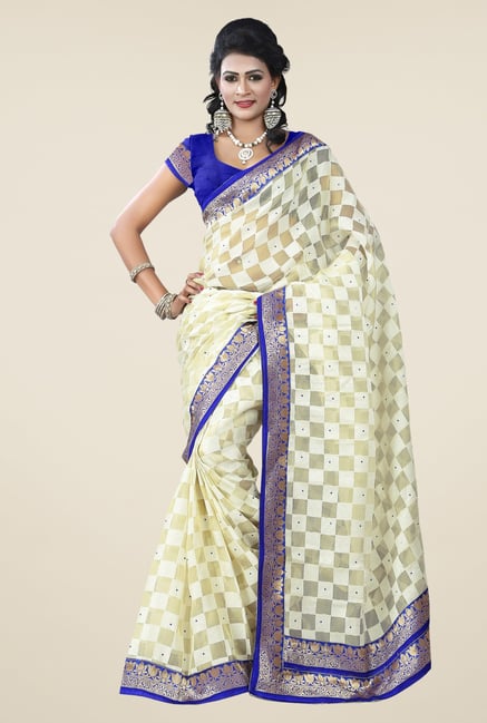 Triveni Cream Checks Cotton Net Saree Triveni Cream Checks Cotton Net Saree