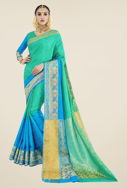 Triveni Green & Blue Printed Banarasi Silk Saree Triveni Green & Blue Printed Banarasi Silk Saree