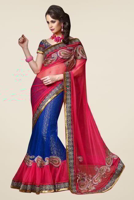 Triveni Blue & Pink Embroidered Net Lehenga Saree Triveni Blue & Pink Embroidered Net Lehenga Saree