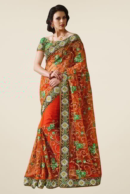 Triveni Orange Embroidered Net Saree Triveni Orange Embroidered Net Saree